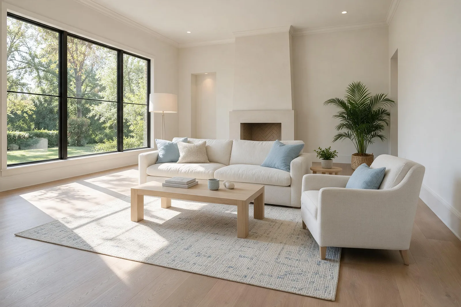 Living Room first staging result with AI furniture and decor