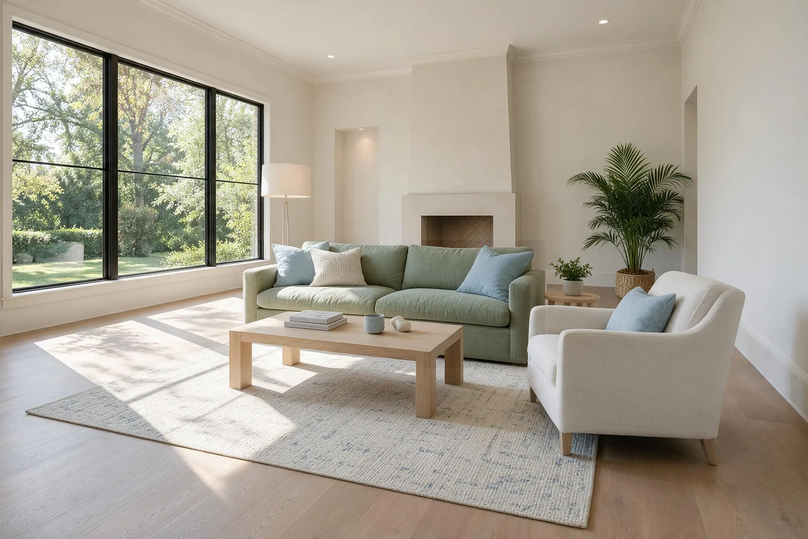 A targeted furniture edit changes the sofa to sage green in the Coastal living room